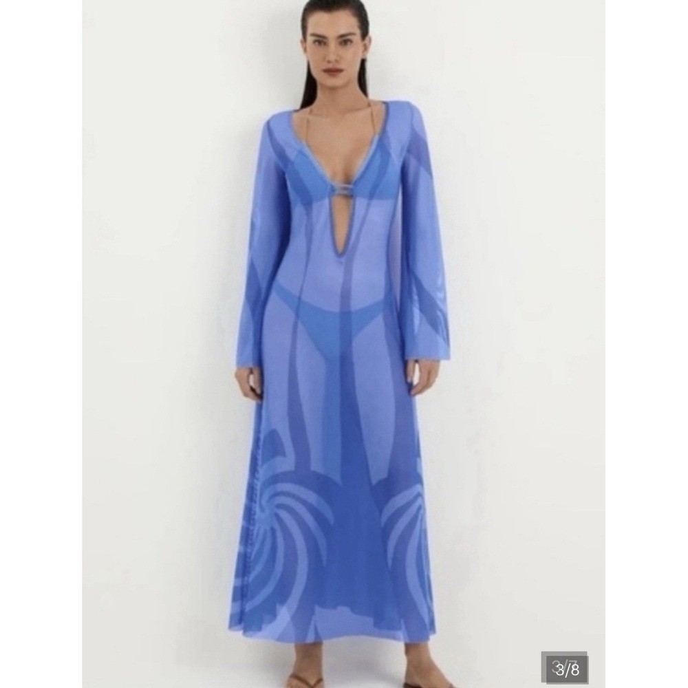 Caroline Constas Lidi Long Mesh Cover Up Dress Blue Sheer Size M Resort NWT